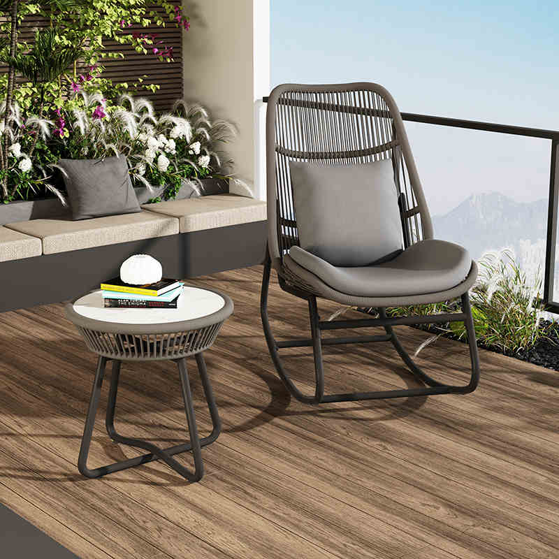 Boho Contemporary Arc Woven Rattan Rocking Chair with Cushions - PE Rattan & Metal Outdoor Patio Chair for Balcony