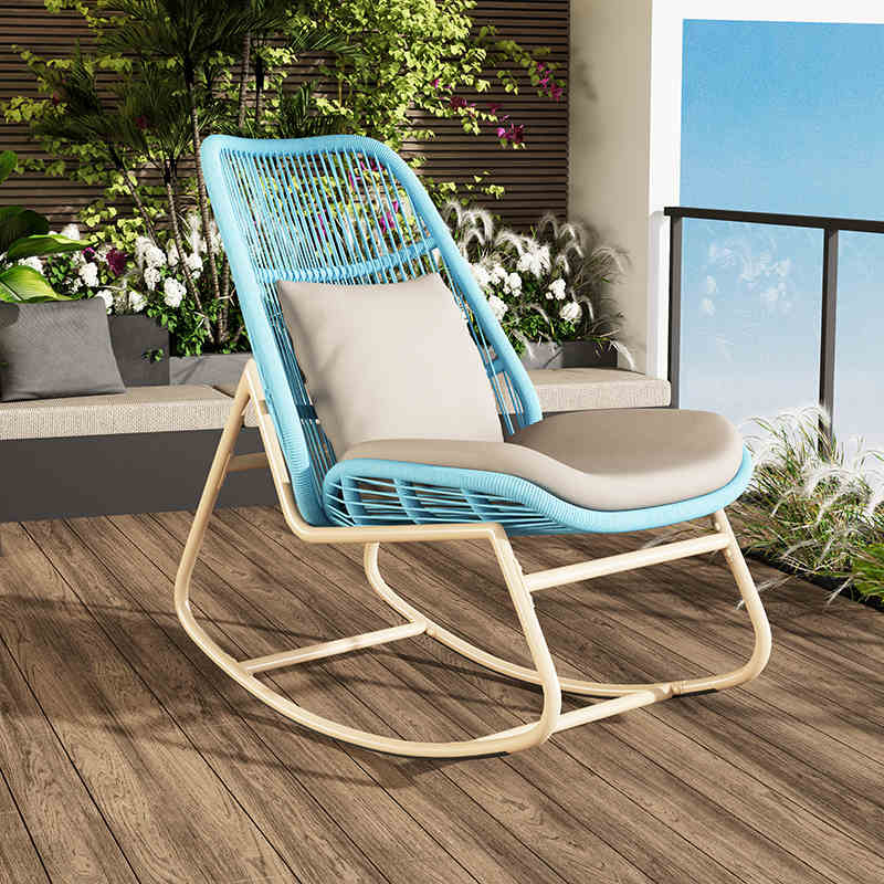 Boho Contemporary Arc Woven Rattan Rocking Chair with Cushions - PE Rattan & Metal Outdoor Patio Chair for Balcony