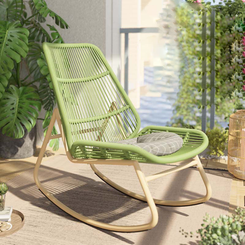 Boho Contemporary Arc Woven Rattan Rocking Chair with Cushions - PE Rattan & Metal Outdoor Patio Chair for Balcony