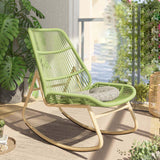 Boho Contemporary Arc Woven Rattan Rocking Chair with Cushions - PE Rattan & Metal Outdoor Patio Chair for Balcony