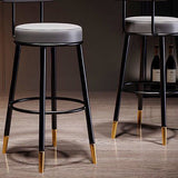 Contemporary Nordic Round Bar Stool - Upholstered Iron Frame with Backrest & Footrest, Available in PU Leather, Microfiber Leather, or Genuine Leather for Dining Room