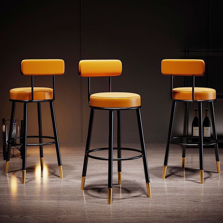 Contemporary Nordic Round Bar Stool - Upholstered Iron Frame with Backrest & Footrest, Available in PU Leather, Microfiber Leather, or Genuine Leather for Dining Room