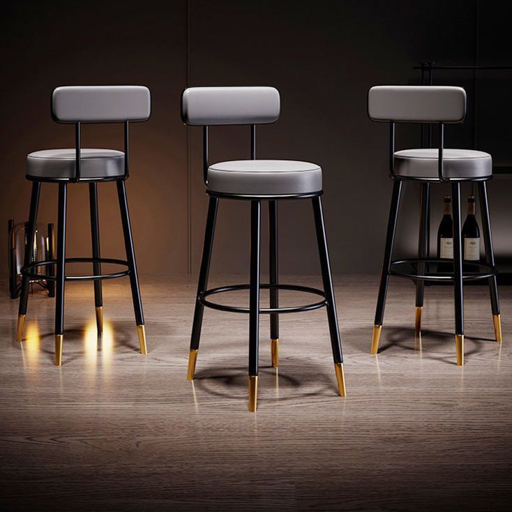 Contemporary Nordic Round Bar Stool - Upholstered Iron Frame with Backrest & Footrest, Available in PU Leather, Microfiber Leather, or Genuine Leather for Dining Room