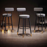 Contemporary Nordic Round Bar Stool - Upholstered Iron Frame with Backrest & Footrest, Available in PU Leather, Microfiber Leather, or Genuine Leather for Dining Room