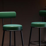 Contemporary Nordic Round Bar Stool - Upholstered Iron Frame with Backrest & Footrest, Available in PU Leather, Microfiber Leather, or Genuine Leather for Dining Room