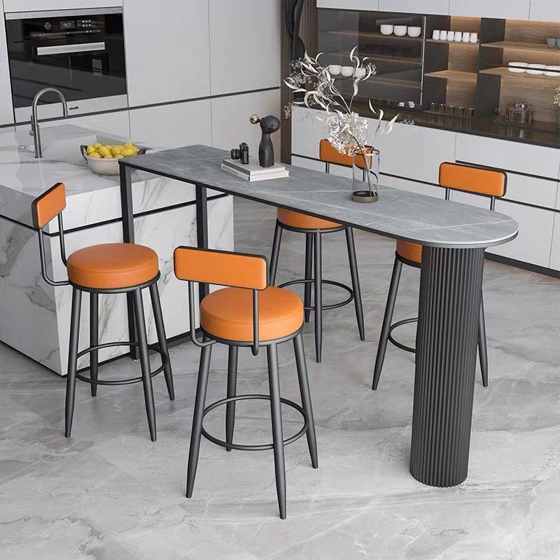 Contemporary Nordic Round Bar Stool - Upholstered Iron Frame with Backrest & Footrest, Available in PU Leather, Microfiber Leather, or Genuine Leather for Dining Room