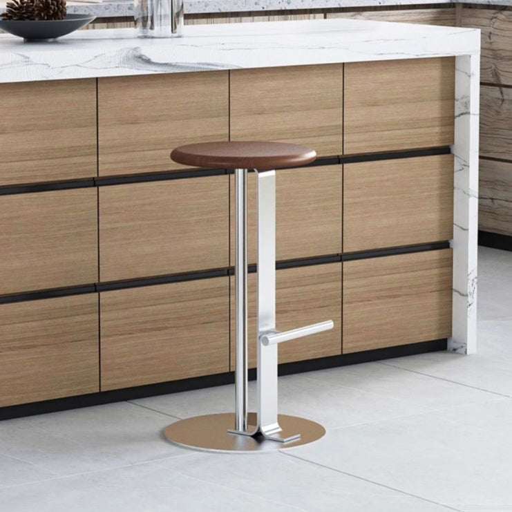 Traditional Colonial Round Solid Wood Bar Stool with Footrest – Backless, Metal Accents for Dining Room