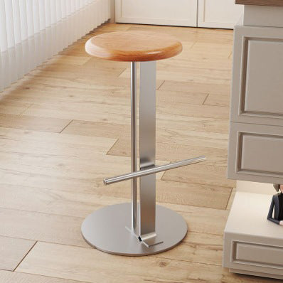 Traditional Colonial Round Solid Wood Bar Stool with Footrest – Backless, Metal Accents for Dining Room