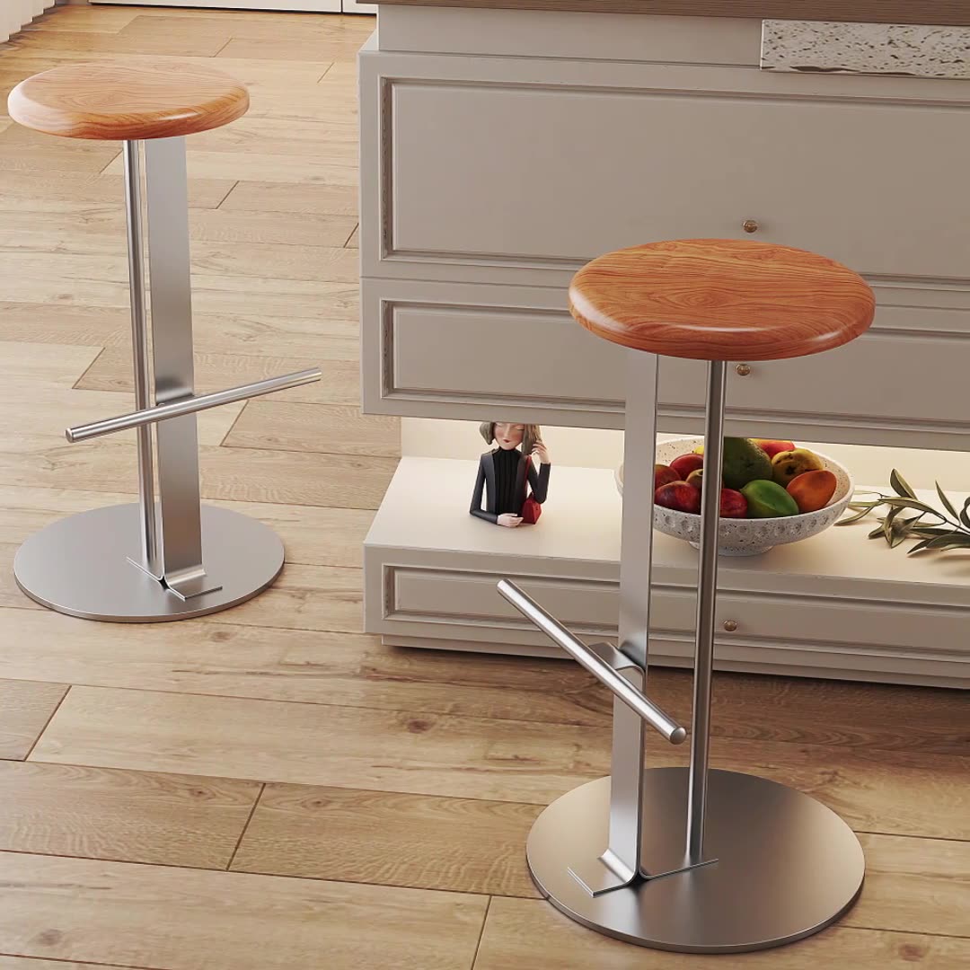 Traditional Colonial Round Solid Wood Bar Stool with Footrest – Backless, Metal Accents for Dining Room