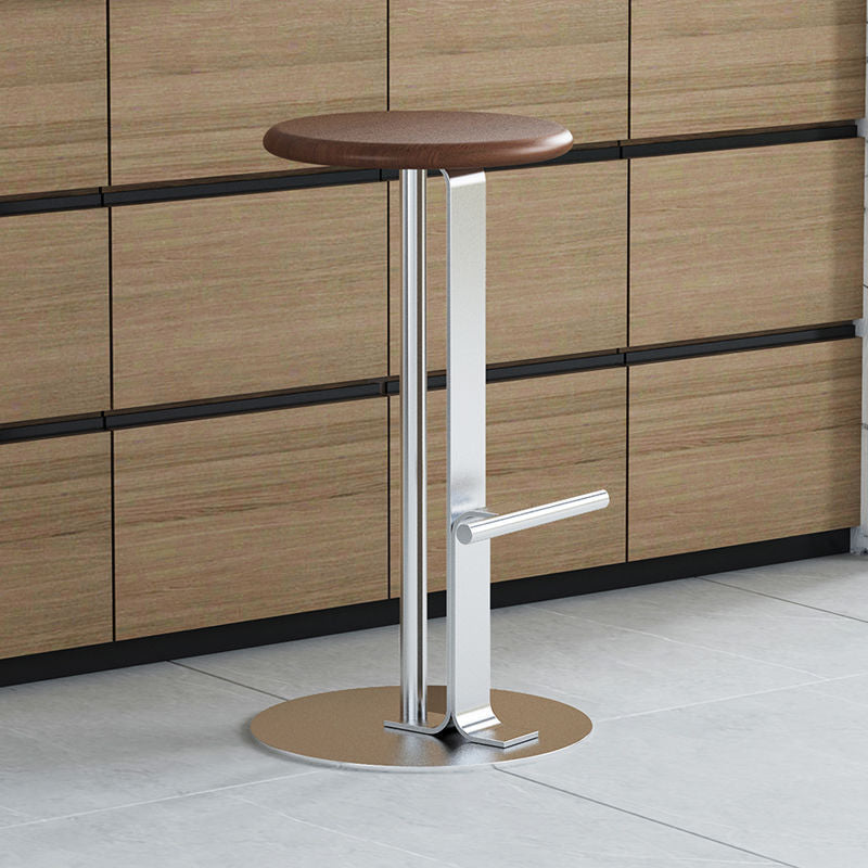 Traditional Colonial Round Solid Wood Bar Stool with Footrest – Backless, Metal Accents for Dining Room