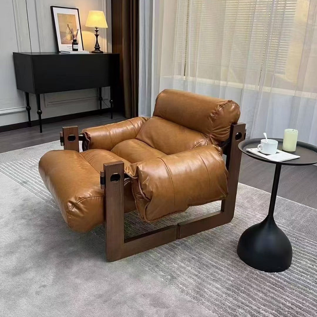 Classic Vintage Leather-Accent Chair with Wood Frame, Rectangular Backrest and Armrests for Living Room
