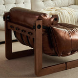 Classic Vintage Leather-Accent Chair with Wood Frame, Rectangular Backrest and Armrests for Living Room