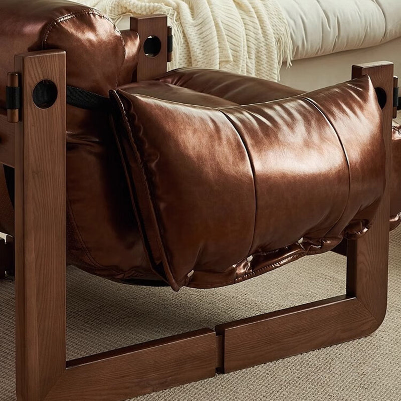 Classic Vintage Leather-Accent Chair with Wood Frame, Rectangular Backrest and Armrests for Living Room