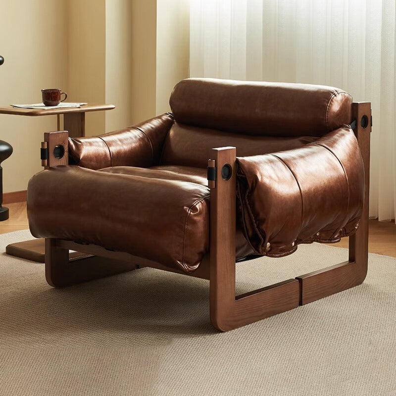 Classic Vintage Leather-Accent Chair with Wood Frame, Rectangular Backrest and Armrests for Living Room