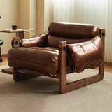 Classic Vintage Leather-Accent Chair with Wood Frame, Rectangular Backrest and Armrests for Living Room