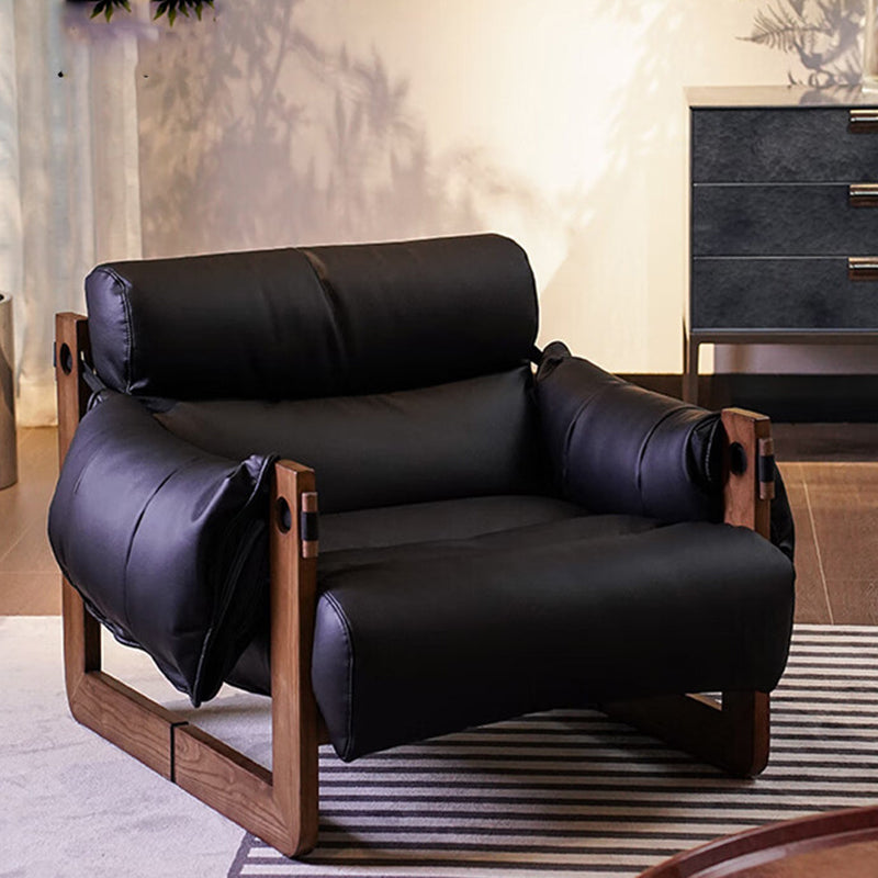 Classic Vintage Leather-Accent Chair with Wood Frame, Rectangular Backrest and Armrests for Living Room