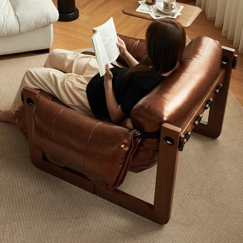 Classic Vintage Leather-Accent Chair with Wood Frame, Rectangular Backrest and Armrests for Living Room