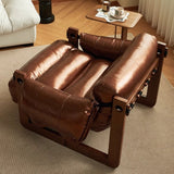 Classic Vintage Leather-Accent Chair with Wood Frame, Rectangular Backrest and Armrests for Living Room