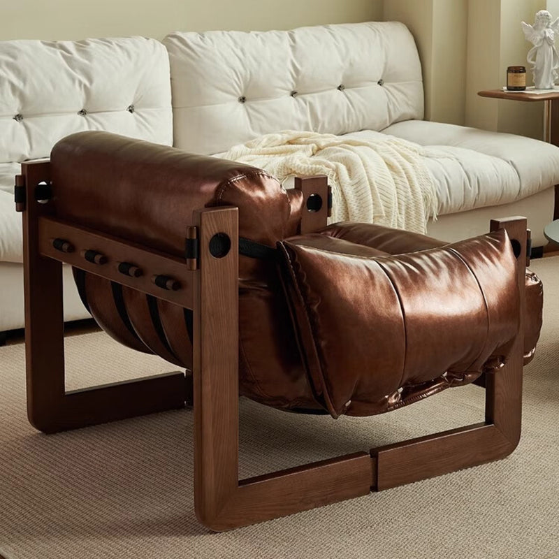 Classic Vintage Leather-Accent Chair with Wood Frame, Rectangular Backrest and Armrests for Living Room