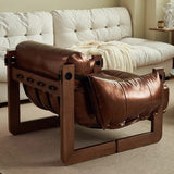 Classic Vintage Leather-Accent Chair with Wood Frame, Rectangular Backrest and Armrests for Living Room
