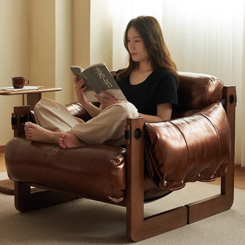Classic Vintage Leather-Accent Chair with Wood Frame, Rectangular Backrest and Armrests for Living Room