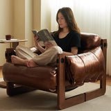 Classic Vintage Leather-Accent Chair with Wood Frame, Rectangular Backrest and Armrests for Living Room