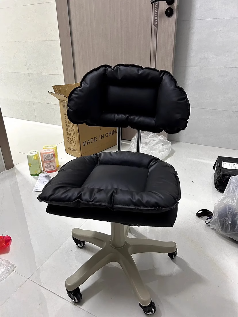 Modern Minimalist Movable Swivel Liftable Desk Chair with PU Leather Backrest – Metal & Nylon Cosmetic Chair for Home Office