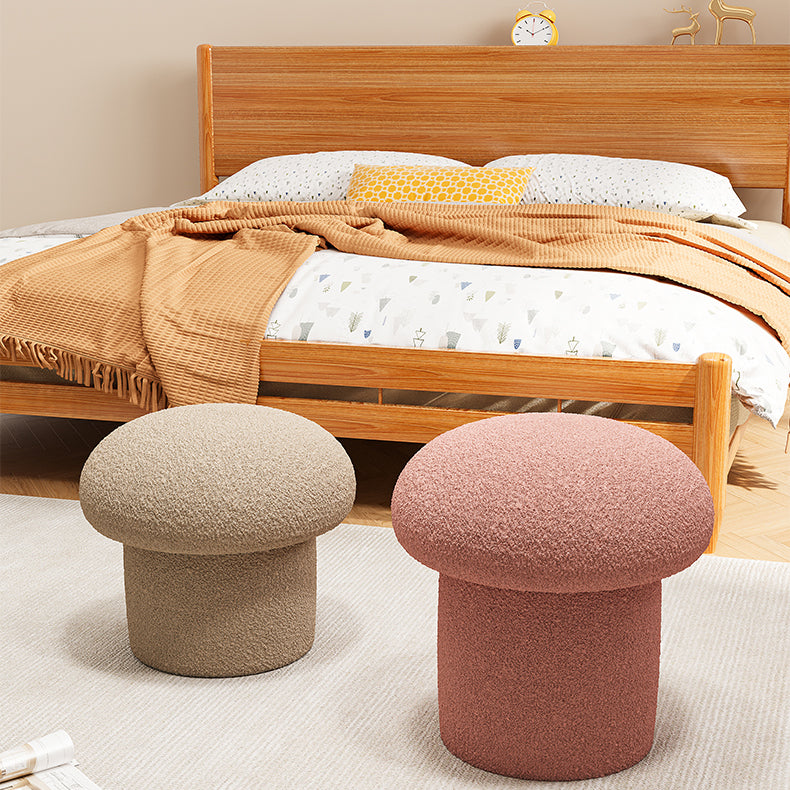 Scandinavian Contemporary Mushroom-Style Vanity Stool — Round Wood Cylinder with Lambswool, Bedroom Accent