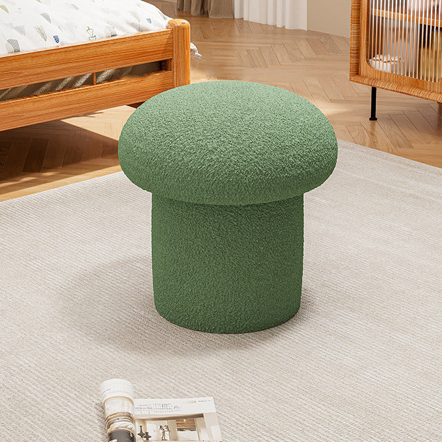 Scandinavian Contemporary Mushroom-Style Vanity Stool — Round Wood Cylinder with Lambswool, Bedroom Accent
