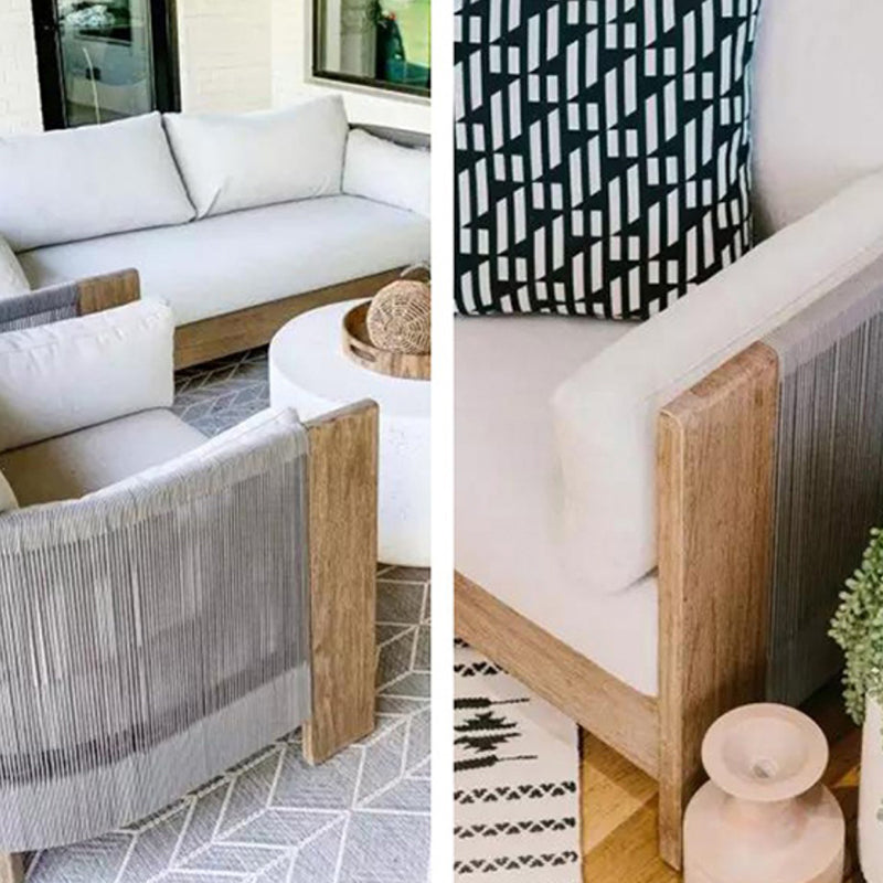 Modern Luxury Square Solid Wood Outdoor Sofa with Sponge Rope Cushions, Backrest and Armrests