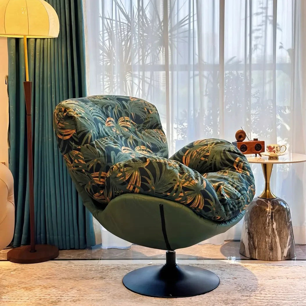 Nordic Contemporary Armless Swivel Sofa with Circular Arc Carbon Steel Frame, Velvet-Cotton Upholstery and Pearly Plastic Accents – Living Room
