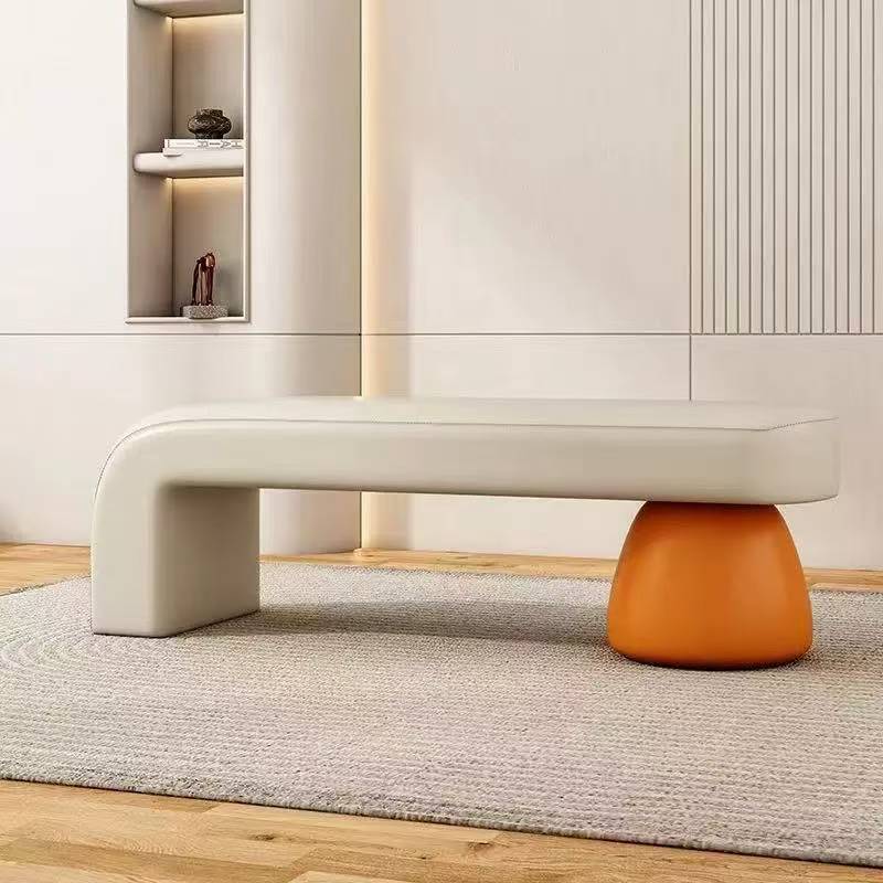 Luxurious Contemporary Wood-Strip PU Leather Cushioned Bench – Armless, Backless Living Room Accent
