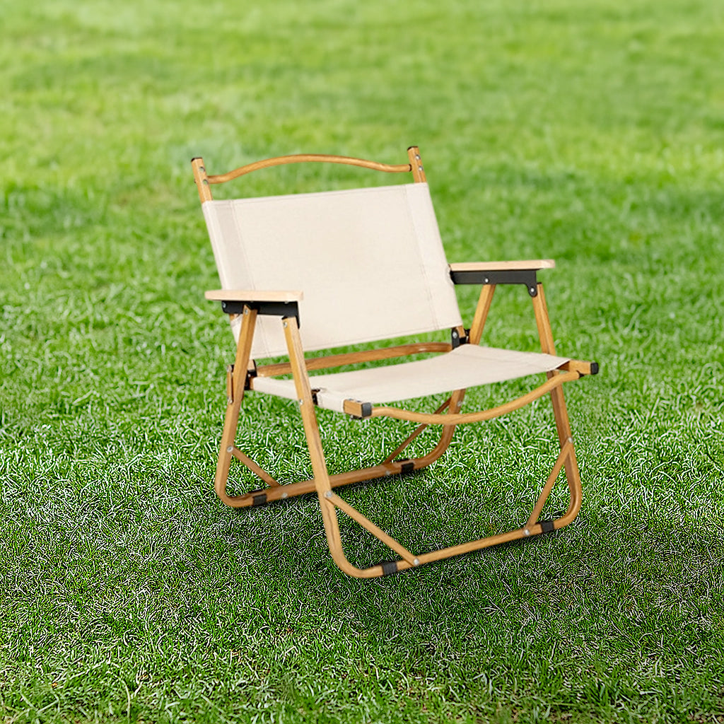 Modern Minimalist Rectangle Folding Outdoor Chair – Carbon Steel & Aluminum Alloy Frame, Beech Wood Armrests, Oxford Fabric Seat, PET Backrest, Portable & Detachable for Garden and Camping