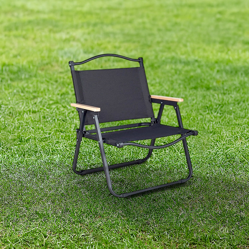 Modern Minimalist Rectangle Folding Outdoor Chair – Carbon Steel & Aluminum Alloy Frame, Beech Wood Armrests, Oxford Fabric Seat, PET Backrest, Portable & Detachable for Garden and Camping
