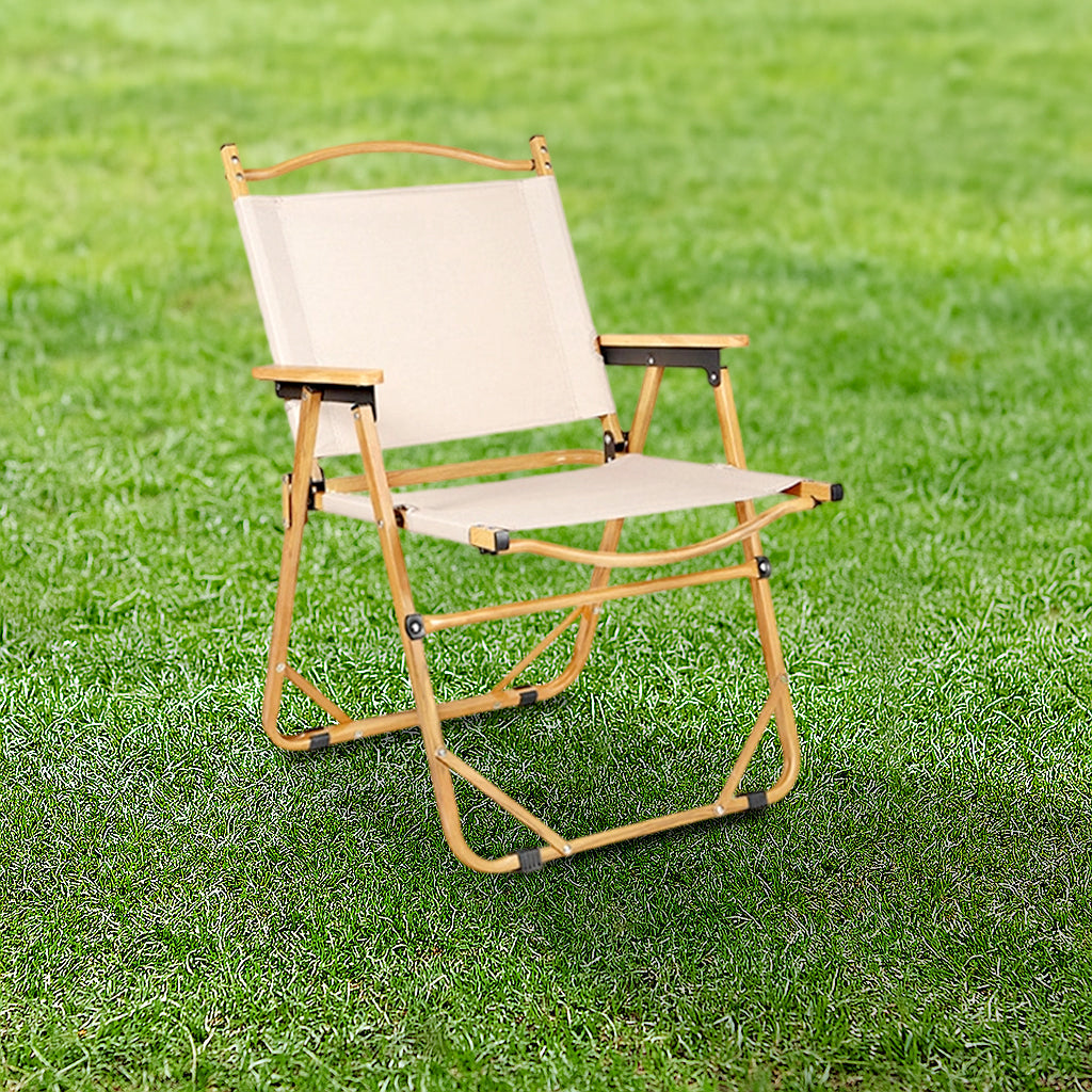 Modern Minimalist Rectangle Folding Outdoor Chair – Carbon Steel & Aluminum Alloy Frame, Beech Wood Armrests, Oxford Fabric Seat, PET Backrest, Portable & Detachable for Garden and Camping