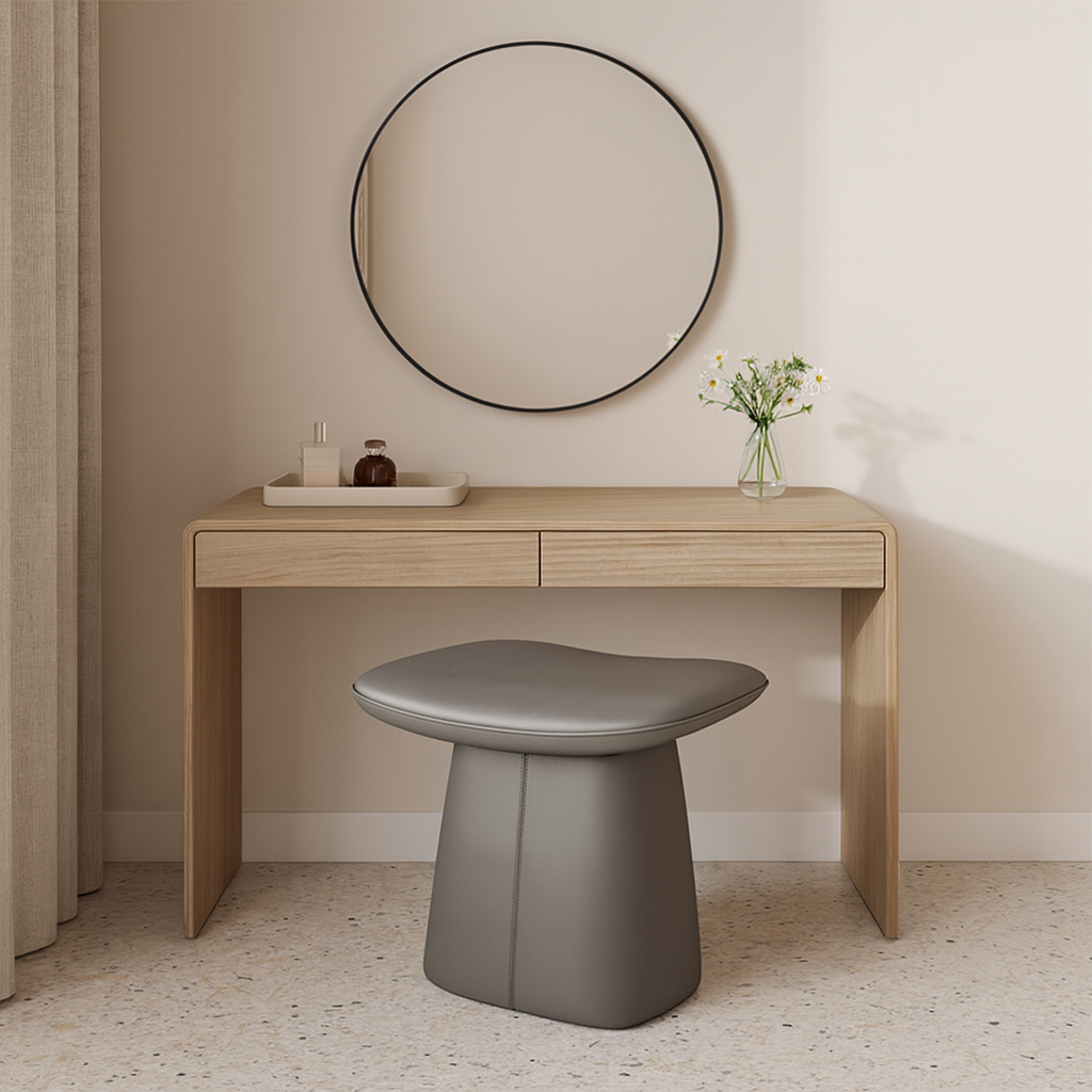 Contemporary Nordic Rectangular Solid Wood Multi-Layer Board Cat Scratching Pad and Leather Cushioned Vanity Stool — Backless & Armless, for Bedroom