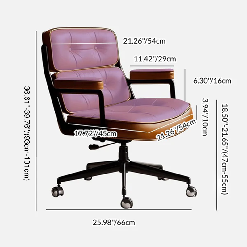 Contemporary Scandinavian Swivel Desk Chair with Rectangular Metal Frame, PU and Genuine Leather Cushioned Seat, Liftable Backrest and Armrests for Home Office