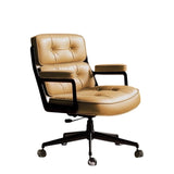 Contemporary Scandinavian Swivel Desk Chair with Rectangular Metal Frame, PU and Genuine Leather Cushioned Seat, Liftable Backrest and Armrests for Home Office