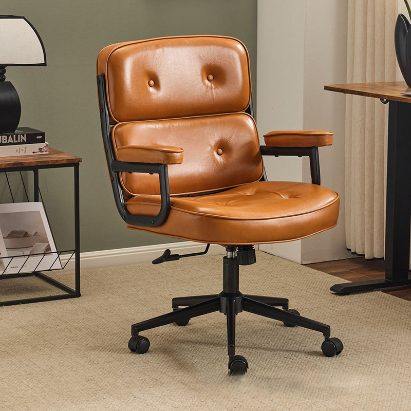 Contemporary Scandinavian Swivel Desk Chair with Rectangular Metal Frame, PU and Genuine Leather Cushioned Seat, Liftable Backrest and Armrests for Home Office