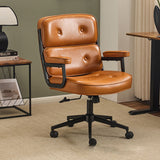 Contemporary Scandinavian Swivel Desk Chair with Rectangular Metal Frame, PU and Genuine Leather Cushioned Seat, Liftable Backrest and Armrests for Home Office