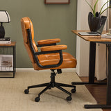 Contemporary Scandinavian Swivel Desk Chair with Rectangular Metal Frame, PU and Genuine Leather Cushioned Seat, Liftable Backrest and Armrests for Home Office