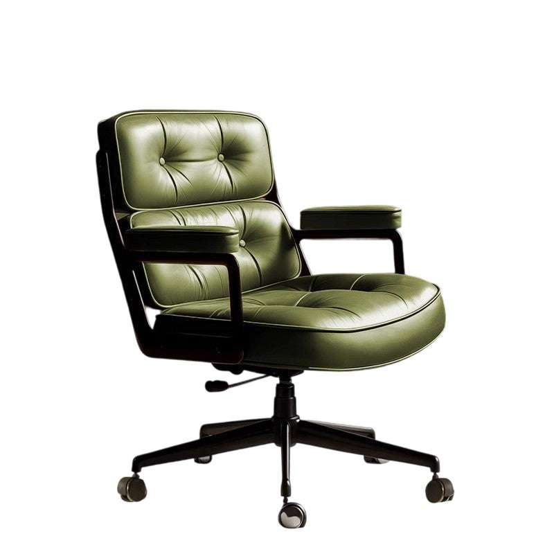 Contemporary Scandinavian Swivel Desk Chair with Rectangular Metal Frame, PU and Genuine Leather Cushioned Seat, Liftable Backrest and Armrests for Home Office