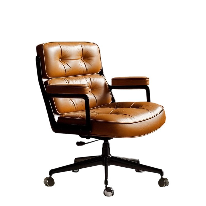 Contemporary Scandinavian Swivel Desk Chair with Rectangular Metal Frame, PU and Genuine Leather Cushioned Seat, Liftable Backrest and Armrests for Home Office