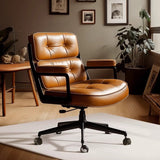 Contemporary Scandinavian Swivel Desk Chair with Rectangular Metal Frame, PU and Genuine Leather Cushioned Seat, Liftable Backrest and Armrests for Home Office