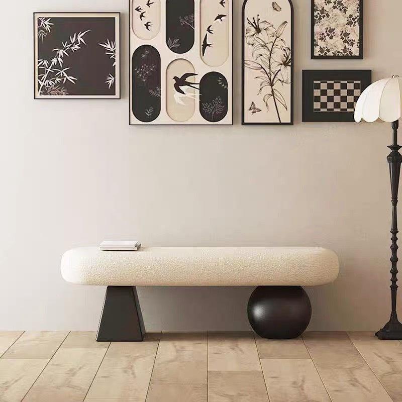 Contemporary Nordic Oval Solid-Wood Bench with Lambswool Cushioned Sponge – Backless, Armless Entryway Seating