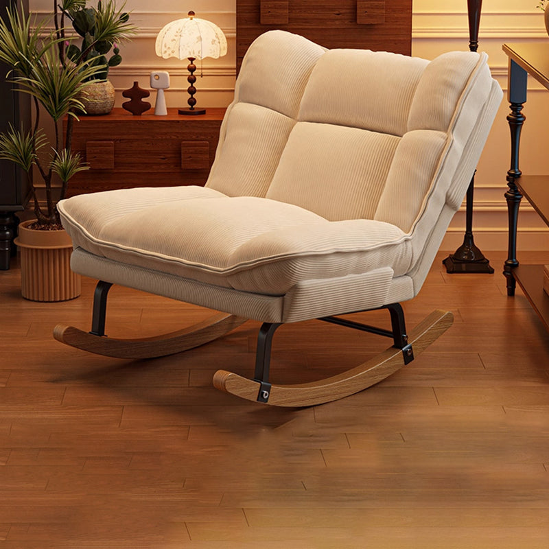 Nordic Contemporary Rectangular Rubberwood Rocking Chair with Iron Frame, Corduroy Upholstery and Plush Sponge Cushion, Detachable Backrest, Armless for Bedroom