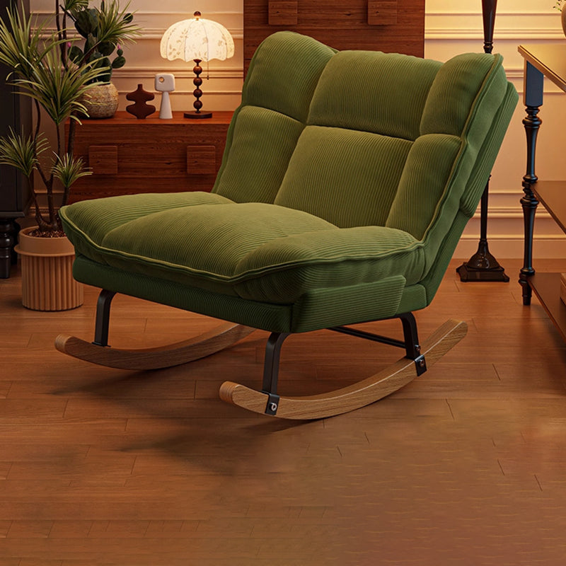 Nordic Contemporary Rectangular Rubberwood Rocking Chair with Iron Frame, Corduroy Upholstery and Plush Sponge Cushion, Detachable Backrest, Armless for Bedroom