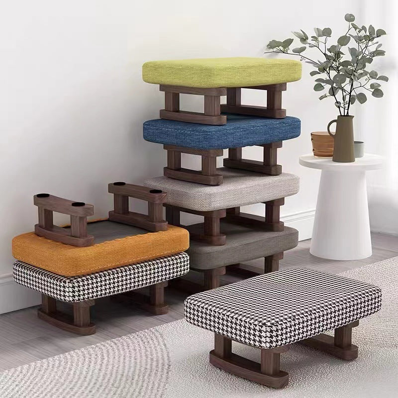 Contemporary Scandinavian Wooden Stool with Fabric Cushion — Rectangular Low Entryway Seat