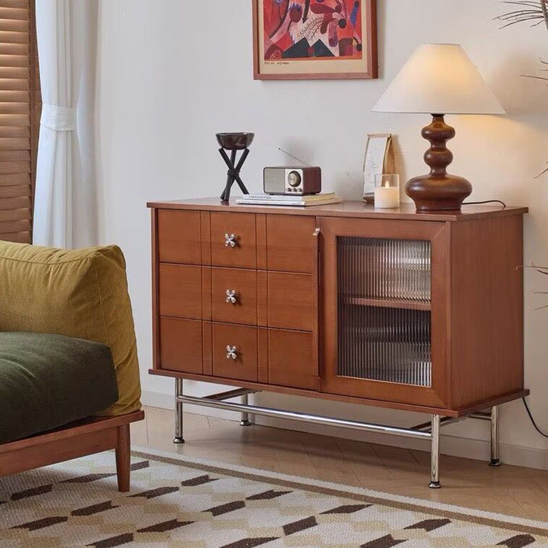 Contemporary Retro Rectangular Pine Wood Sideboard with 3 Drawers – Solid Wood, Boxwood & Multi-Layer Board, Stainless Steel & Glass Storage Cabinet for Living Room