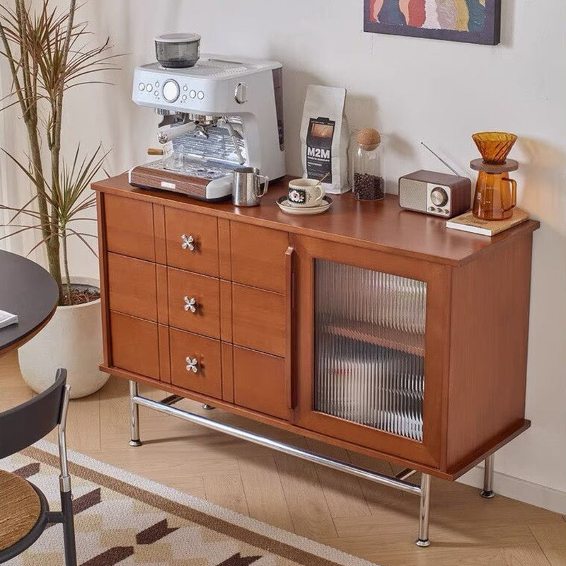 Contemporary Retro Rectangular Pine Wood Sideboard with 3 Drawers – Solid Wood, Boxwood & Multi-Layer Board, Stainless Steel & Glass Storage Cabinet for Living Room